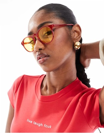 New grad school round sunglasses in burgundy with yellow lens